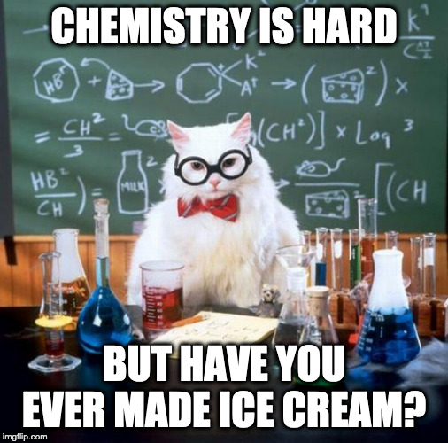 Chemistry Cat | CHEMISTRY IS HARD; BUT HAVE YOU EVER MADE ICE CREAM? | image tagged in memes,chemistry cat | made w/ Imgflip meme maker