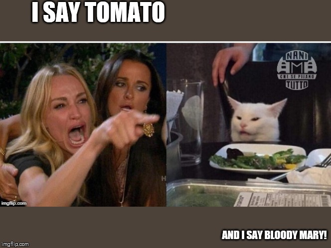 white cat table | I SAY TOMATO; AND I SAY BLOODY MARY! | image tagged in white cat table | made w/ Imgflip meme maker
