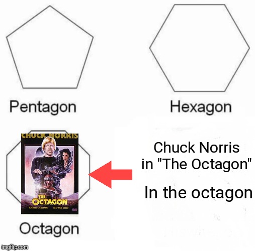 Pentagon Hexagon Octagon Meme | Chuck Norris in "The Octagon"; In the octagon | image tagged in memes,pentagon hexagon octagon | made w/ Imgflip meme maker