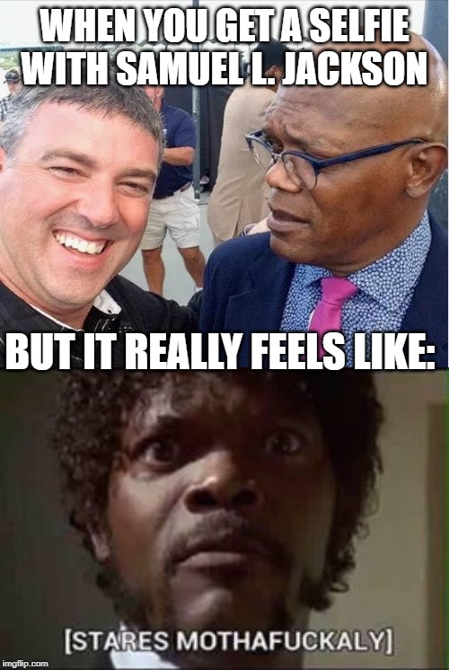 The Samuel L Look | WHEN YOU GET A SELFIE WITH SAMUEL L. JACKSON; BUT IT REALLY FEELS LIKE: | image tagged in selfie | made w/ Imgflip meme maker