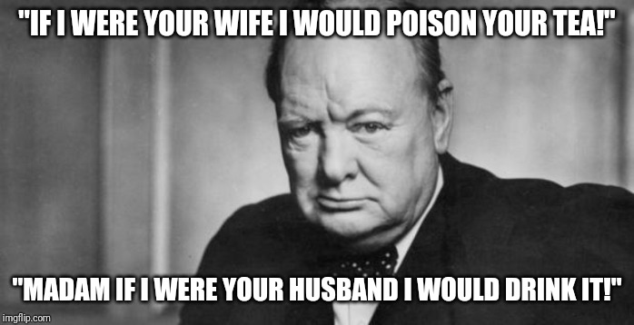 winston churchill | "IF I WERE YOUR WIFE I WOULD POISON YOUR TEA!"; "MADAM IF I WERE YOUR HUSBAND I WOULD DRINK IT!" | image tagged in winston churchill | made w/ Imgflip meme maker