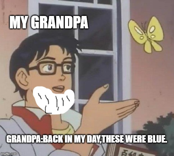 Is This A Pigeon Meme | MY GRANDPA; GRANDPA:BACK IN MY DAY,THESE WERE BLUE. | image tagged in memes,is this a pigeon | made w/ Imgflip meme maker