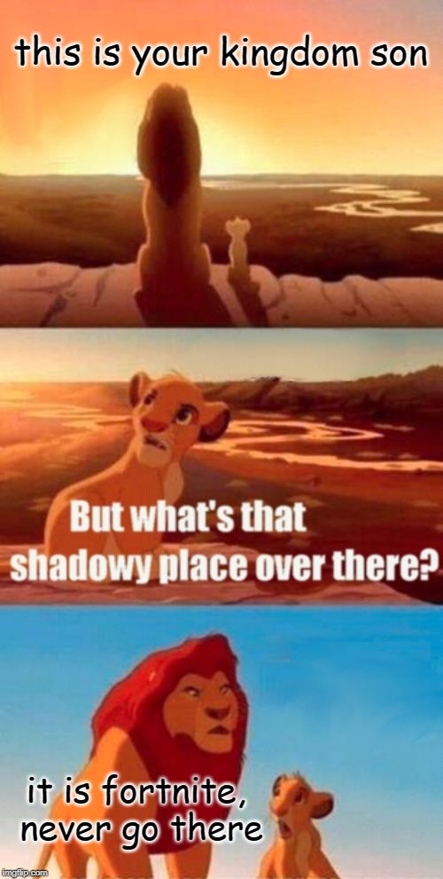 Simba Shadowy Place Meme | this is your kingdom son; it is fortnite,  never go there | image tagged in memes,simba shadowy place | made w/ Imgflip meme maker
