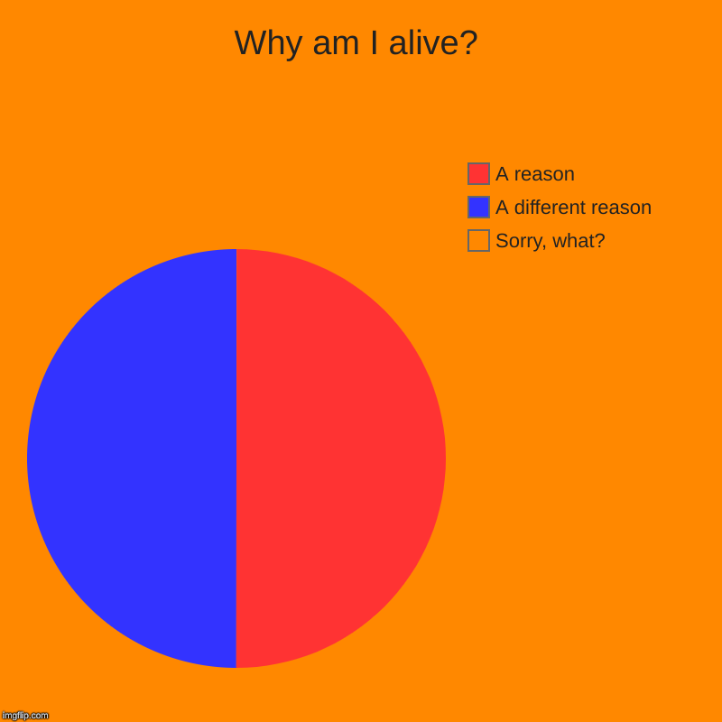 Why am I alive? | Sorry, what?, A different reason, A reason | image tagged in charts,pie charts | made w/ Imgflip chart maker