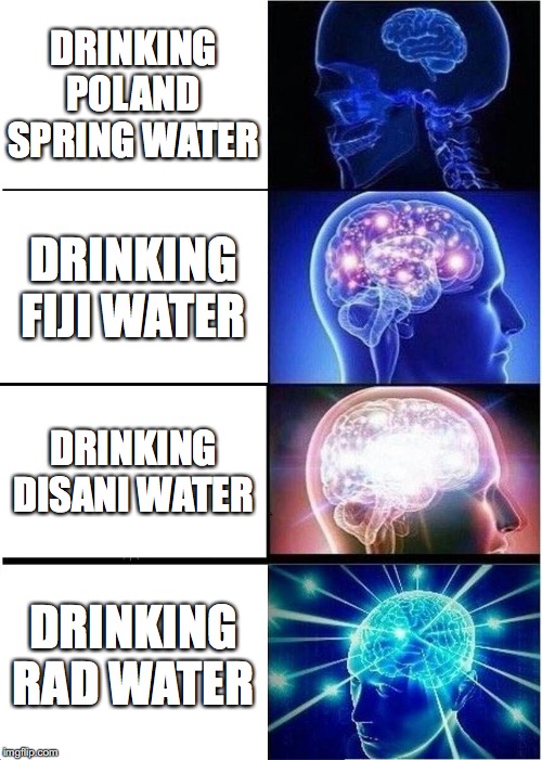 Expanding Brain Meme | DRINKING POLAND SPRING WATER; DRINKING FIJI WATER; DRINKING DISANI WATER; DRINKING RAD WATER | image tagged in memes,expanding brain | made w/ Imgflip meme maker