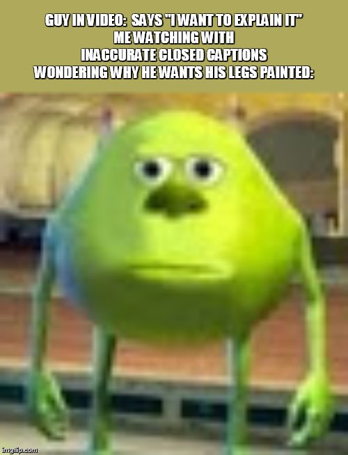 Sully Wazowski | GUY IN VIDEO:  SAYS "I WANT TO EXPLAIN IT"
ME WATCHING WITH INACCURATE CLOSED CAPTIONS WONDERING WHY HE WANTS HIS LEGS PAINTED: | image tagged in sully wazowski | made w/ Imgflip meme maker