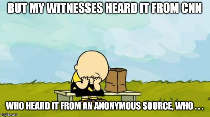 Depressed Charlie Brown | BUT MY WITNESSES HEARD IT FROM CNN WHO HEARD IT FROM AN ANONYMOUS SOURCE, WHO . . . | image tagged in depressed charlie brown | made w/ Imgflip meme maker