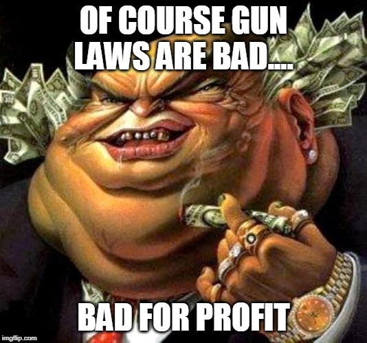 I mean, with all the background checks and everything, who's gonna be left to buy all the guns? | OF COURSE GUN LAWS ARE BAD.... BAD FOR PROFIT | image tagged in capitalist criminal pig,guns,gun laws,greed,money,corporate | made w/ Imgflip meme maker