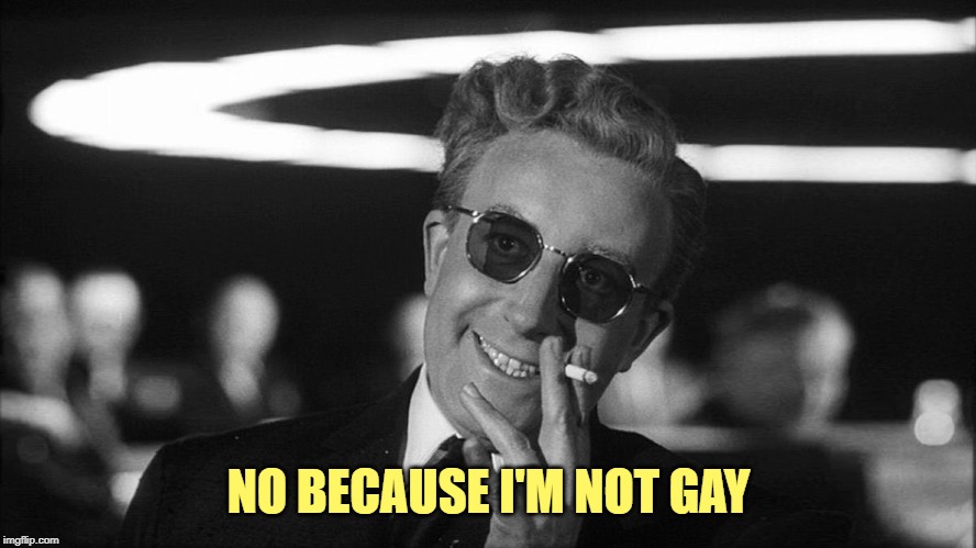 Doctor Strangelove says... | NO BECAUSE I'M NOT GAY | image tagged in doctor strangelove says | made w/ Imgflip meme maker