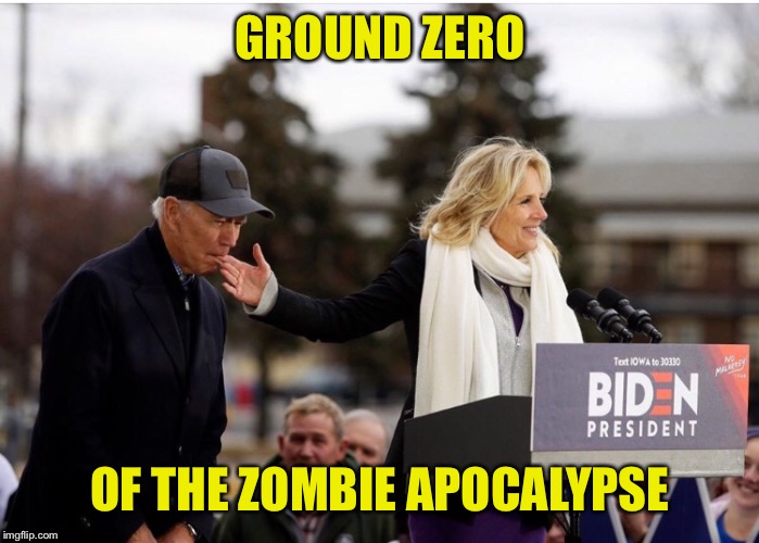Biting Biden Byte Bit |  GROUND ZERO; OF THE ZOMBIE APOCALYPSE | image tagged in biden,biting,zombie,apocalypse | made w/ Imgflip meme maker