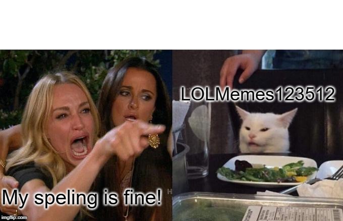 Woman Yelling At Cat Meme | My speling is fine! LOLMemes123512 | image tagged in memes,woman yelling at cat | made w/ Imgflip meme maker