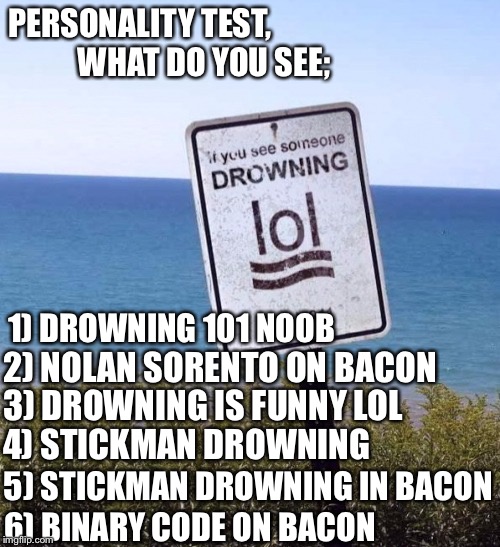What sign | PERSONALITY TEST,                 WHAT DO YOU SEE;; 1) DROWNING 101 NOOB; 2) NOLAN SORENTO ON BACON; 3) DROWNING IS FUNNY LOL; 4) STICKMAN DROWNING; 5) STICKMAN DROWNING IN BACON; 6) BINARY CODE ON BACON | image tagged in sign | made w/ Imgflip meme maker