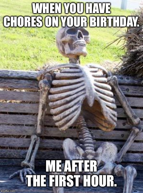 Waiting Skeleton | WHEN YOU HAVE CHORES ON YOUR BIRTHDAY. ME AFTER THE FIRST HOUR. | image tagged in memes,waiting skeleton | made w/ Imgflip meme maker