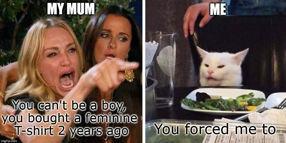 My mum | MY MUM; ME; You can't be a boy, 
you bought a feminine 
T-shirt 2 years ago; You forced me to | image tagged in smudge the cat,gender,trans,ftm | made w/ Imgflip meme maker