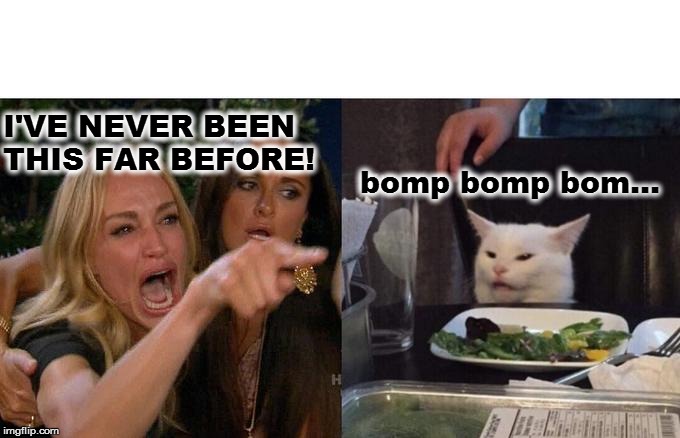 Woman Yelling At Cat | I'VE NEVER BEEN THIS FAR BEFORE! bomp bomp bom... | image tagged in memes,woman yelling at cat | made w/ Imgflip meme maker