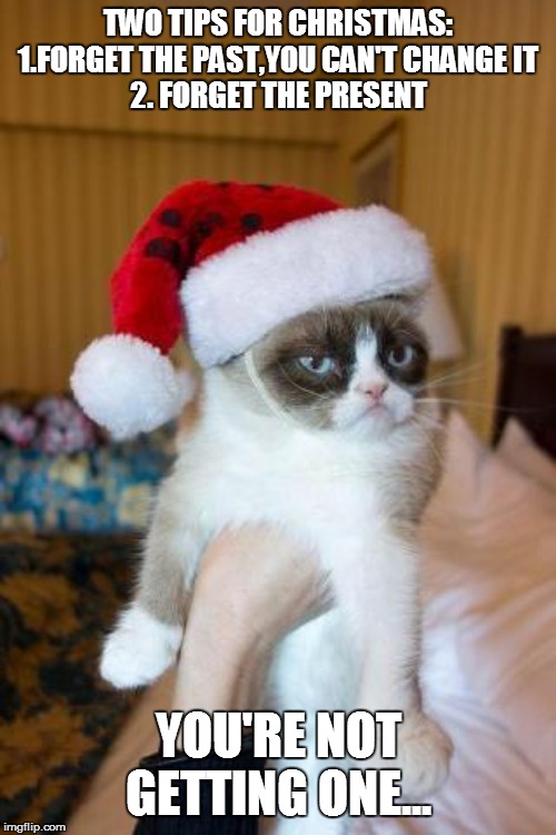 Grumpy Cat Christmas Meme | TWO TIPS FOR CHRISTMAS:
1.FORGET THE PAST,YOU CAN'T CHANGE IT
2. FORGET THE PRESENT; YOU'RE NOT GETTING ONE... | image tagged in grumpy cat christmas,christmas memes,funny memes,merry christmas,grumpy cat,funny animals | made w/ Imgflip meme maker