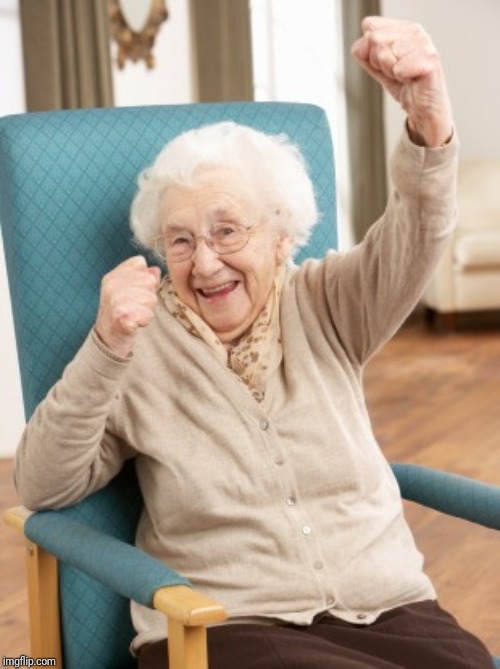 old woman cheering | image tagged in old woman cheering | made w/ Imgflip meme maker