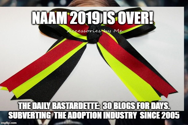 NAAM 2019 IS OVER! THE DAILY BASTARDETTE:  30 BLOGS FOR DAYS. SUBVERTING  THE ADOPTION INDUSTRY  SINCE 2005 | made w/ Imgflip meme maker