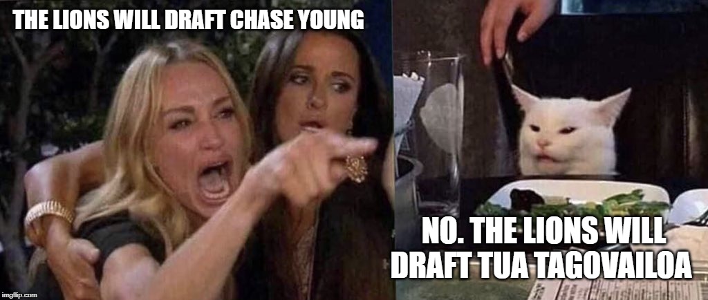 woman yelling at cat | THE LIONS WILL DRAFT CHASE YOUNG; NO. THE LIONS WILL DRAFT TUA TAGOVAILOA | image tagged in woman yelling at cat | made w/ Imgflip meme maker