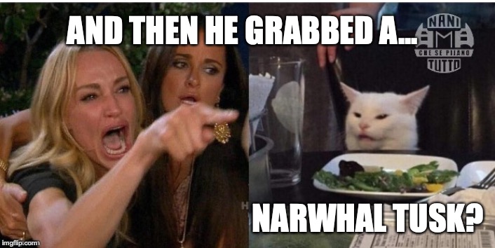 white cat table | AND THEN HE GRABBED A... NARWHAL TUSK? | image tagged in white cat table | made w/ Imgflip meme maker