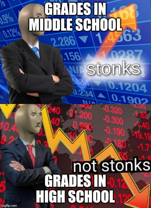 Stonks not stonks | GRADES IN MIDDLE SCHOOL; GRADES IN HIGH SCHOOL | image tagged in stonks not stonks | made w/ Imgflip meme maker