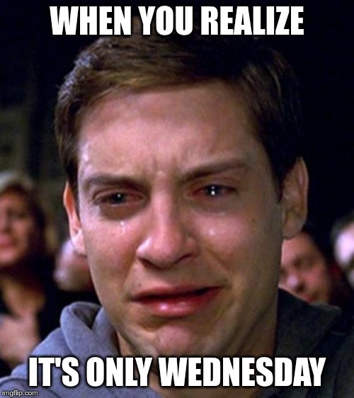 crying peter parker | WHEN YOU REALIZE; IT'S ONLY WEDNESDAY | image tagged in crying peter parker | made w/ Imgflip meme maker