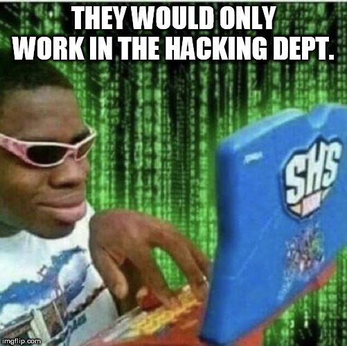 Ryan Beckford | THEY WOULD ONLY WORK IN THE HACKING DEPT. | image tagged in ryan beckford | made w/ Imgflip meme maker