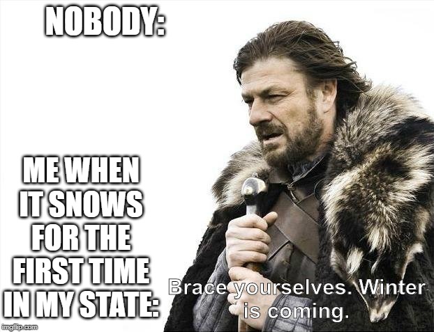 Brace Yourselves X is Coming | NOBODY:; ME WHEN IT SNOWS FOR THE FIRST TIME IN MY STATE:; Brace yourselves. Winter
is coming. | image tagged in memes,brace yourselves x is coming | made w/ Imgflip meme maker