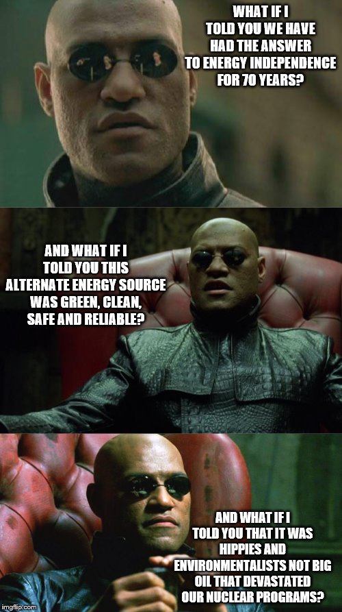 nuclear energy, the ultimate sustainable energy |  WHAT IF I TOLD YOU WE HAVE HAD THE ANSWER TO ENERGY INDEPENDENCE FOR 70 YEARS? AND WHAT IF I TOLD YOU THIS ALTERNATE ENERGY SOURCE WAS GREEN, CLEAN, SAFE AND RELIABLE? AND WHAT IF I TOLD YOU THAT IT WAS HIPPIES AND ENVIRONMENTALISTS NOT BIG OIL THAT DEVASTATED OUR NUCLEAR PROGRAMS? | image tagged in memes,matrix morpheus,laurence fishburne morpheus,environmentalists,nuclear energy | made w/ Imgflip meme maker
