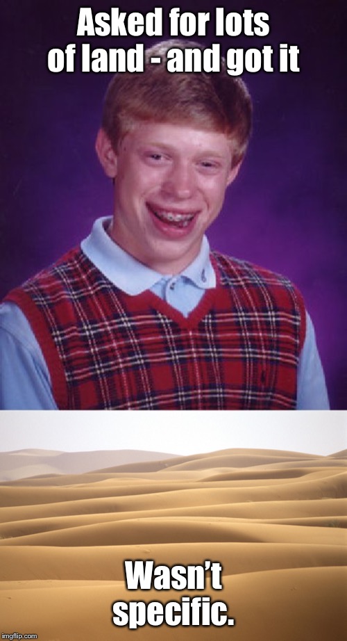 Asked for lots of land - and got it Wasn’t specific. | image tagged in memes,bad luck brian | made w/ Imgflip meme maker