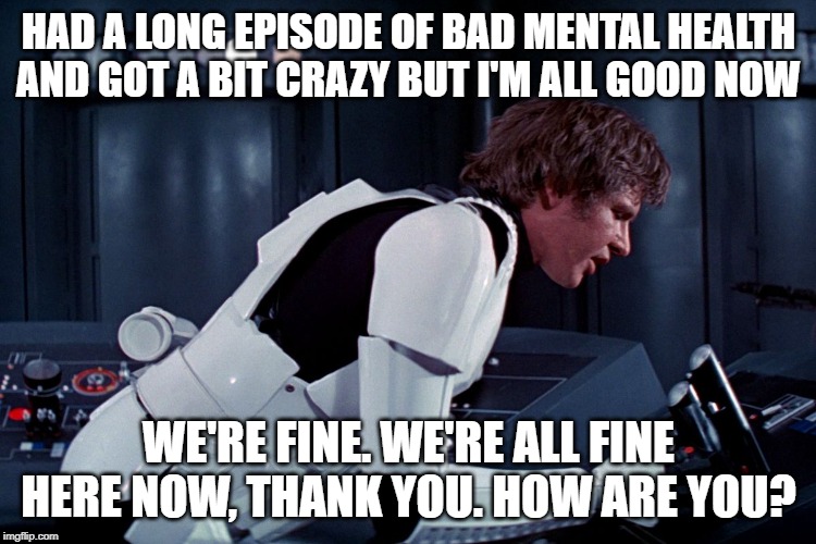 Fine Mental Health | HAD A LONG EPISODE OF BAD MENTAL HEALTH AND GOT A BIT CRAZY BUT I'M ALL GOOD NOW; WE'RE FINE. WE'RE ALL FINE HERE NOW, THANK YOU. HOW ARE YOU? | image tagged in han solo we're all fine here now | made w/ Imgflip meme maker