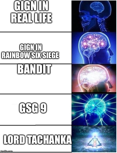 Expanding Brain 5 Panel | GIGN IN REAL LIFE; GIGN IN RAINBOW SIX SIEGE; BANDIT; GSG 9; LORD TACHANKA | image tagged in expanding brain 5 panel | made w/ Imgflip meme maker