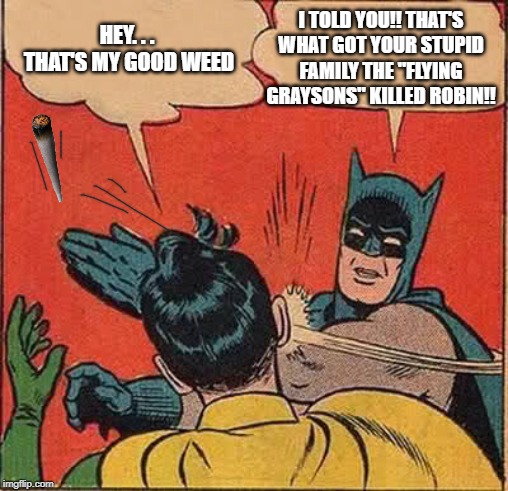 Batman Slapping Robin Meme | I TOLD YOU!! THAT'S WHAT GOT YOUR STUPID FAMILY THE "FLYING GRAYSONS" KILLED ROBIN!! HEY. . .  THAT'S MY GOOD WEED | image tagged in memes,batman slapping robin | made w/ Imgflip meme maker