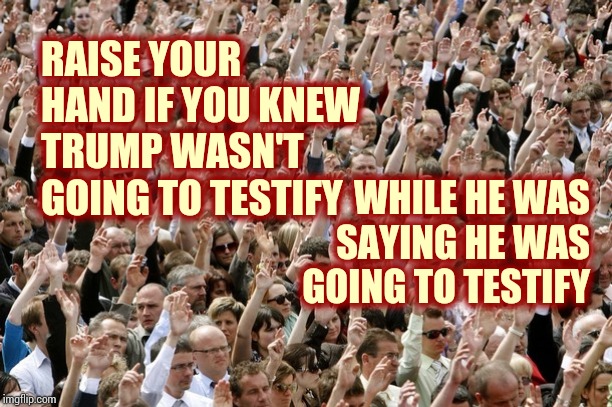 Donald Trump Is A Pathological Liar | RAISE YOUR HAND IF YOU KNEW TRUMP WASN'T GOING TO TESTIFY; WHILE HE WAS SAYING HE WAS GOING TO TESTIFY | image tagged in people raising hands,trump unfit unqualified dangerous,impeach trump,liar in chief,memes,lock him up | made w/ Imgflip meme maker
