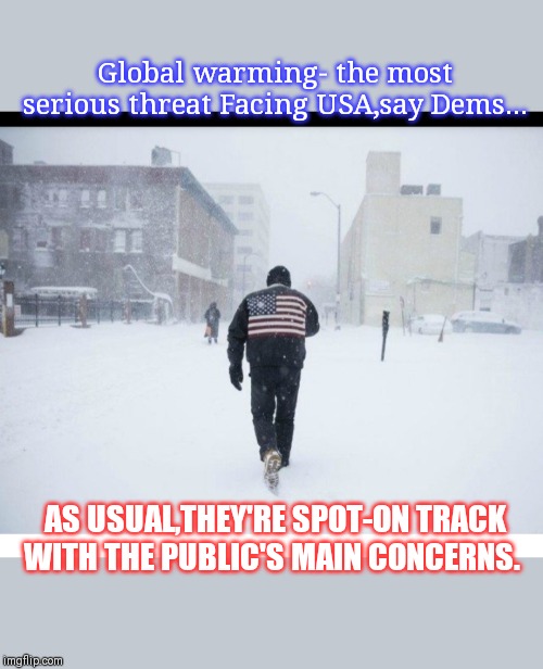 CLIMATE CRISIS CRIPES! | Global warming- the most serious threat Facing USA,say Dems... AS USUAL,THEY'RE SPOT-ON TRACK WITH THE PUBLIC'S MAIN CONCERNS. | image tagged in climate change | made w/ Imgflip meme maker