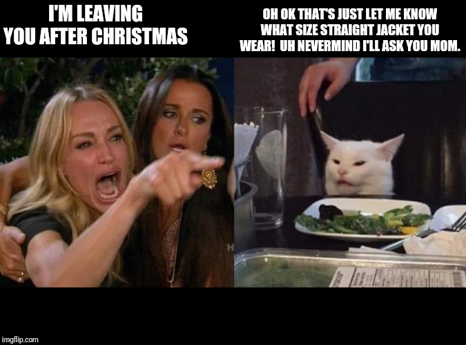 Crying lady and cat | I'M LEAVING YOU AFTER CHRISTMAS; OH OK THAT'S JUST LET ME KNOW WHAT SIZE STRAIGHT JACKET YOU WEAR!  UH NEVERMIND I'LL ASK YOU MOM. | image tagged in crying lady and cat | made w/ Imgflip meme maker