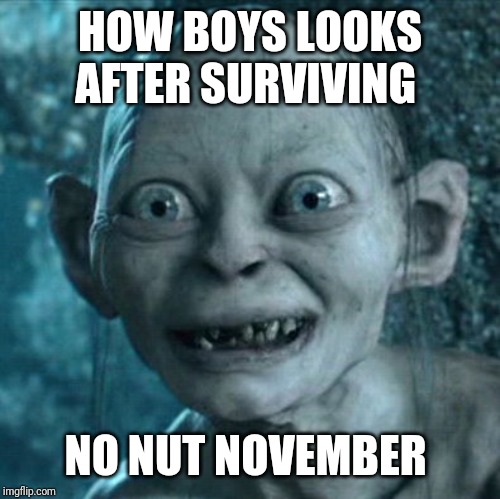 Gollum | HOW BOYS LOOKS AFTER SURVIVING; NO NUT NOVEMBER | image tagged in memes,gollum | made w/ Imgflip meme maker