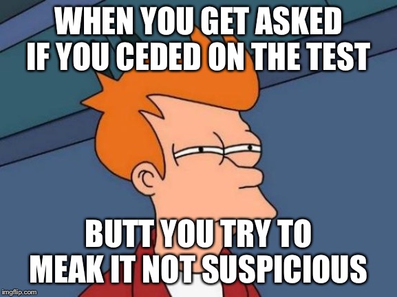 Futurama Fry Meme | WHEN YOU GET ASKED IF YOU CEDED ON THE TEST; BUTT YOU TRY TO MEAK IT NOT SUSPICIOUS | image tagged in memes,futurama fry | made w/ Imgflip meme maker