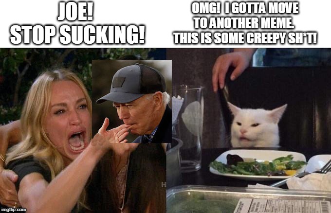 Meme gone creepy. | JOE!  STOP SUCKING! OMG!  I GOTTA MOVE TO ANOTHER MEME.  THIS IS SOME CREEPY SH*T! | image tagged in memes,creepy joe biden,woman yelling at cat,politicians suck | made w/ Imgflip meme maker