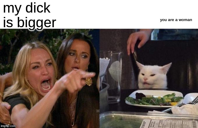 Woman Yelling At Cat Meme | my dick is bigger; you are a woman | image tagged in memes,woman yelling at cat | made w/ Imgflip meme maker