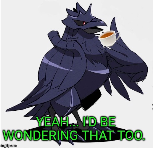 The_Tea_Drinking_Corviknight | YEAH... I'D BE WONDERING THAT TOO. | image tagged in the_tea_drinking_corviknight | made w/ Imgflip meme maker