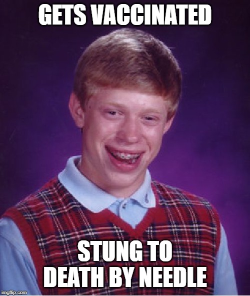 If he is really unlucky, he also actually becomes autistic | GETS VACCINATED; STUNG TO DEATH BY NEEDLE | image tagged in memes,bad luck brian | made w/ Imgflip meme maker