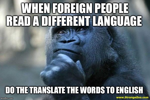 Deep Thoughts | WHEN FOREIGN PEOPLE READ A DIFFERENT LANGUAGE; DO THE TRANSLATE THE WORDS TO ENGLISH | image tagged in deep thoughts | made w/ Imgflip meme maker