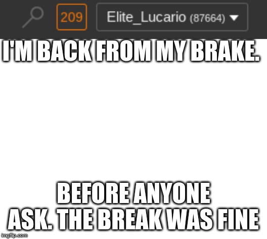 I'M BACK FROM MY BRAKE. BEFORE ANYONE ASK. THE BREAK WAS FINE | image tagged in blank white template | made w/ Imgflip meme maker