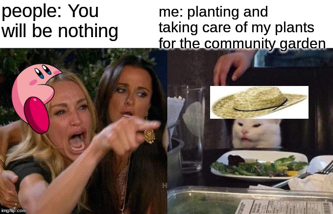 Woman Yelling At Cat Meme | people: You will be nothing; me: planting and taking care of my plants for the community garden | image tagged in memes,woman yelling at cat | made w/ Imgflip meme maker