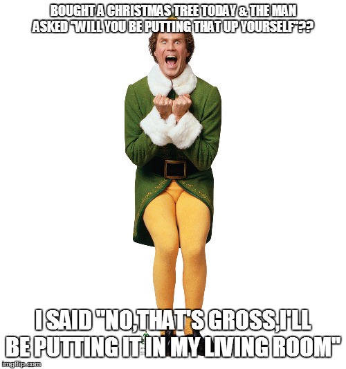 Christmas Elf | BOUGHT A CHRISTMAS TREE TODAY & THE MAN ASKED "WILL YOU BE PUTTING THAT UP YOURSELF"?? I SAID "NO,THAT'S GROSS,I'LL BE PUTTING IT IN MY LIVING ROOM" | image tagged in christmas elf | made w/ Imgflip meme maker