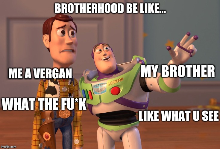 X, X Everywhere | BROTHERHOOD BE LIKE... MY BROTHER; ME A VERGAN; WHAT THE FU*K; LIKE WHAT U SEE | image tagged in memes,x x everywhere | made w/ Imgflip meme maker