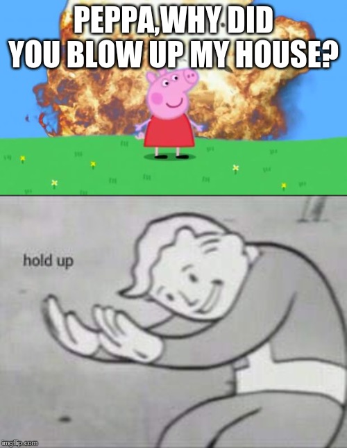 PEPPA,WHY DID YOU BLOW UP MY HOUSE? | image tagged in epic peppa pig,fallout hold up | made w/ Imgflip meme maker