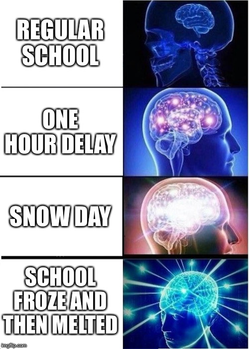 Expanding Brain | REGULAR SCHOOL; ONE HOUR DELAY; SNOW DAY; SCHOOL FROZE AND THEN MELTED | image tagged in memes,expanding brain | made w/ Imgflip meme maker
