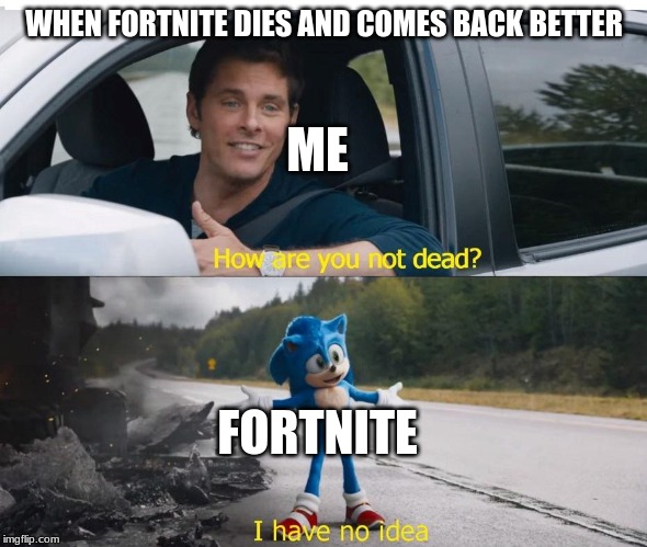 sonic how are you not dead | WHEN FORTNITE DIES AND COMES BACK BETTER; ME; FORTNITE | image tagged in sonic how are you not dead | made w/ Imgflip meme maker